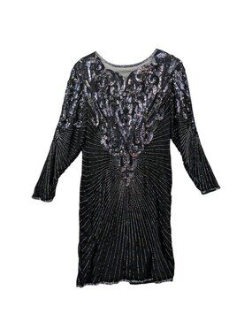 PS Illustrations Beaded Evening Dress Black Silk Sequin Long Sleeve Sheath Sz M